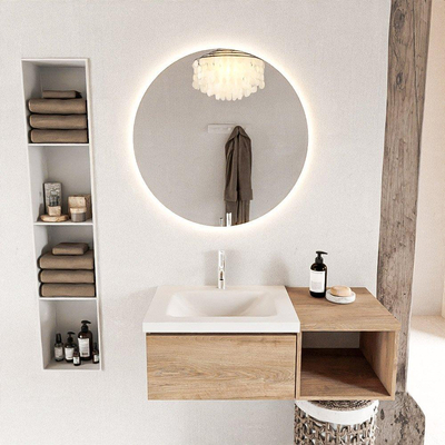 MONDIAZ BUKLA Meuble de salle de bains 100cm avec module ouvert 40 couleur Chêne blanchi avec 1 tiroir. Lavabo CLOUD gauche 1 trou de robinet couleur Talc.