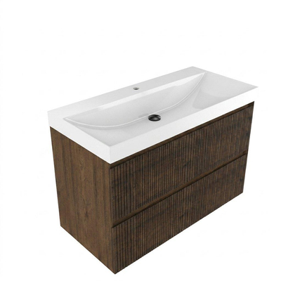 Saniclass Holz Atelier Ensemble meuble de salle de bains - 100x45x67.5cm - lavabo en céramique Wave - 1 vasque - 1 trou de robinetterie - 2 tiroirs - chêne charcoal mat (bois)