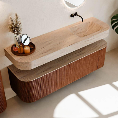 MONDIAZ THOR-DLUX 160cm meuble de salle de bains arrondi gauche + droite couleur Ruby avec 1 tiroir et 2 portes. Vasque suspendue CLOUD Droite sans trou de robinet couleur Saba.