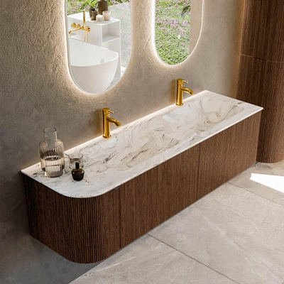 MONDIAZ KURVE-DLUX meuble de salle de bains 155 cm avec module 25 L couleur Walnut avec 2 tiroirs et 1 porte. Lavabo LEAF double / à droite 2 trous de robinet couleur Glace.