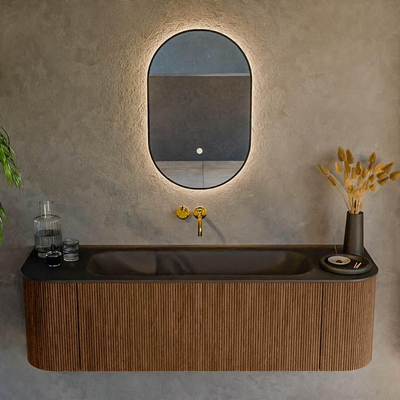 MONDIAZ KURVE 150cm Meuble salle de bain avec module 25 G et D - couleur Walnut - 1 tiroir - 2 portes - vasque BIG MEDIUM centre - sans trous de robinet - Urban