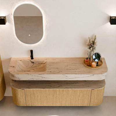 MONDIAZ THOR-DLUX 160cm meuble de salle de bains arrondi gauche + droite couleur Oak avec 1 tiroir et 2 portes. Vasque suspendue CLOUD Gauche 1 trou de robinet couleur Arena.