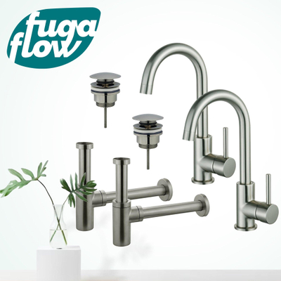 FugaFlow Eccelente Sobrado Kit robinet lavabo - pour double vasque - robinet haut - bec rotatif - bonde clic clac - siphon design - Inox brossé PVD