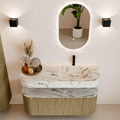 MONDIAZ THOR-DLUX 120cm meuble de salle de bains arrondi gauche + droite couleur Dusk avec 1 tiroir et 2 portes. Vasque suspendue CLOUD Droite 1 trou de robinet couleur Glace.