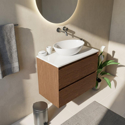 Saniclass Holz Pure Ensemble de meubles de salle de bains - 80x45x62.5cm - plan de toilette Torino en solid surface blanc - sans trou de robinetterie - 2 tiroirs - walnut pure mat (bois)