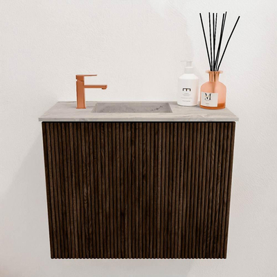 Mondiaz JOYA-DLUX 50cm toiletmeubel - kleur Walnut - Wastafel FAYE positie Links 1 kraangat kleur Glace.
