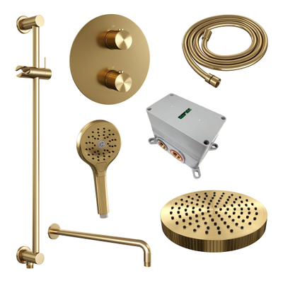 BRAUER Stripe Douche de tête thermostatique encastrée - 3 voies - ronde - pomme de douche 25cm - bras mural courbé - douchette 3 positions - flexible de douche - barre coulissante intégrée - PVD brossé or
