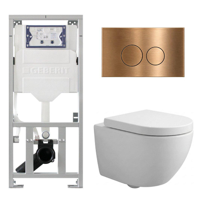 Pack WC QeramiQ Dely Swirl Compact - réservoir encastrable Geberit UP320 - avec bâti-support Burda - abattant 25 mm - plaque de commande en métal cuivre - boutons ronds - blanc mat
