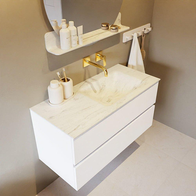 MONDIAZ VICA-DLUX Ensemble meuble de salle de bains - 100cm - meuble sous-vasque talc - 2 tiroirs - lavabo encastré cloud à droite - sans trous de robinet - version haute 60cm - opalo