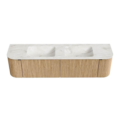 MONDIAZ KURVE-DLUX meuble de salle de bains 180 cm avec module 25 Len R couleur chêne avec 2 tiroirs et 2 portes. Lavabo LEAF double 2 trous de robinet couleur Ostra.