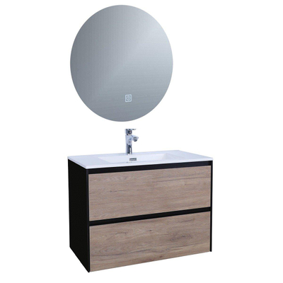 Adema Industrial Set de meuble avec miroir rond 80x45.5x58cm avec trop-plein Bois/Noir