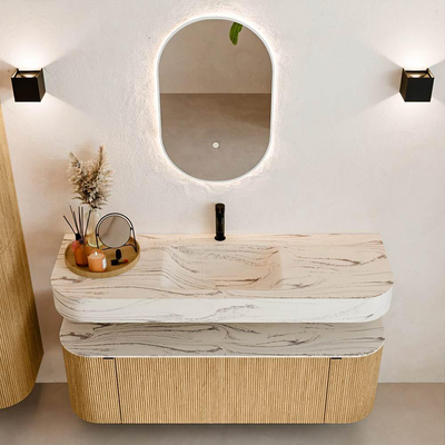 MONDIAZ THOR-DLUX 140cm badmeubel ronding links + rechts kleur Oak met 1 lade en 2 deuren. Vrijhangende wastafel CLOUD Midden 1 kraangat kleur Nata.