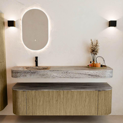 MONDIAZ THOR-DLUX Meuble de salle de bains 160cm arrondi gauche + droite couleur Dusk avec 1 tiroir et 2 portes. Vasque suspendue CLOUD Gauche 1 trou de robinet couleur Oza.