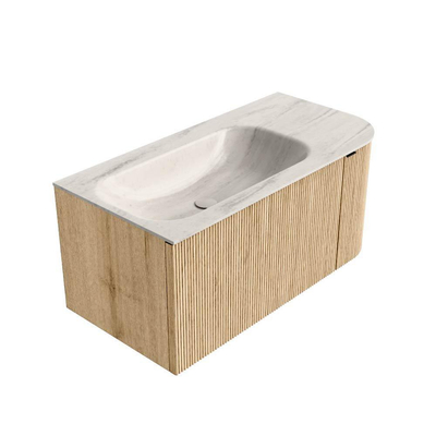 MONDIAZ KURVE-DLUX Meuble de salle de bains 95cm arrondi à droite couleur Oak avec 1 tiroir et 1 porte. Lavabo BIG SMALL à gauche sans trou de robinet Meli.