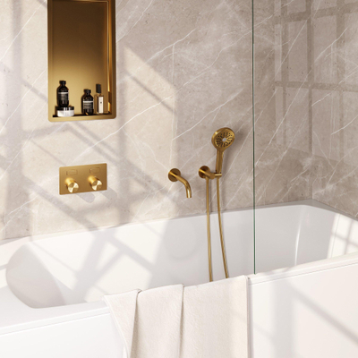 BRAUER Stripe Thermostatische Badkraan - drukknoppen - SET 04 - inbouw - uitloop - 3-standen handdouche - doucheslang - wandaansluitbocht - goud geborsteld PVD