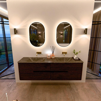 Mondiaz CIRO-DLUX Meuble de salle de bains ensemble - 170x45x50cm - Vasque solid surface Lava - 2 bacs Double - sans trous de robinet - 4 tiroirs - Noyer