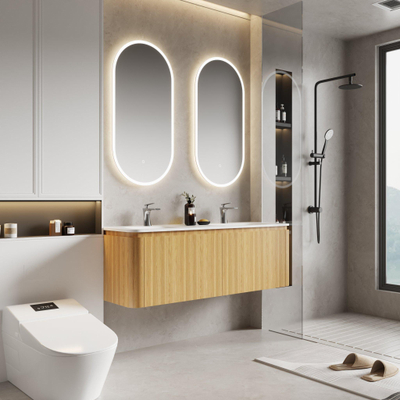 Saniclass Terra Wastafelonderkast - 140cm - 4 lades - wastsafel solid surface - 2 wasbakken - 2 kraangaten - afgeronde hoeken - sandwood (Licht eiken)