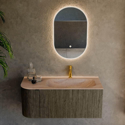 MONDIAZ KURVE-DLUX 105cm badmeubel ronding Links kleur Shadow met 1 lade en 1 deur. Wastafel BIG SMALL Rechts 1 kraangat Saba.