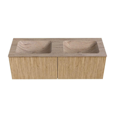 MONDIAZ KURVE-DLUX Meuble de salle de bains 130 cm couleur Oak avec 2 tiroirs et 0 portes. Lavabo LEAF Double sans trou de robinet Saba.