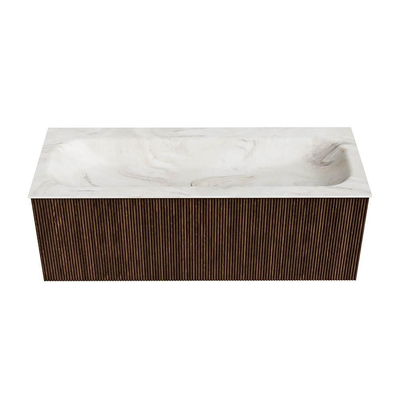 MONDIAZ KURVE-DLUX Meuble de salle de bains 120 cm couleur Walnut avec 1 tiroir. Lavabo BIG LARGE au centre sans trou de robinet couleur Ostra.