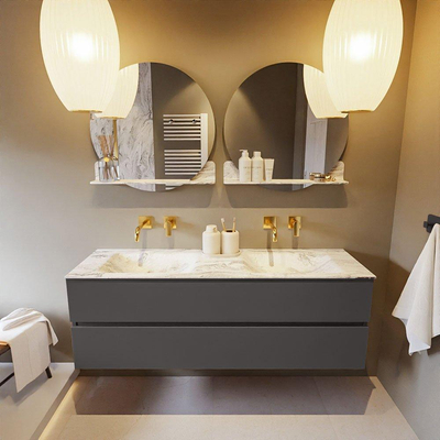 Mondiaz VICA-DLUX ensemble de meuble de salle de bain - 150cm - meuble sous-vasque gris foncé - 2 tiroirs - lavabo encastré cloud double - sans trous de robinet - version haute de 60cm - glace