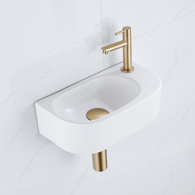 QeramiQ Fuente pack lave-mains – 40 x 21,5 x 12 cm – céramique blanc mat – perçage à droite – robinet doré brossé