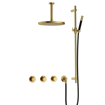 Hotbath Cobber IBS70 Regendoucheset - inbouw - 15cm plafondarm - 30cm ronde hoofddouche - staafhanddouche - glijstang - PVD - geborsteld messing (goud)