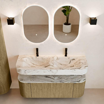 MONDIAZ THOR-DLUX 130cm badmeubel ronding links + rechts kleur Dusk met 1 lade en 2 deuren. Vrijhangende wastafel CLOUD Dubbel 2 kraangaten kleur Glace.