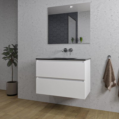 Saniclass Chaci Ensemble meuble de salle de bains - 80x46x55cm - lavabo céramique noir - 1 vasque - sans trou de robinet - 2 tiroirs - miroir rectangulaire - blanc mat