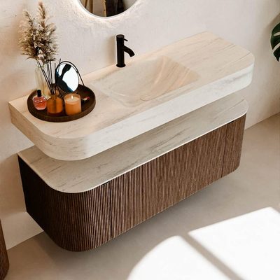 MONDIAZ THOR-DLUX 130cm meuble de salle de bains arrondi gauche + droite couleur Walnut avec 1 tiroir et 2 portes. Vasque suspendue CLOUD Milieu 1 trou de robinet couleur Meli.