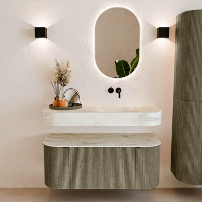 MONDIAZ THOR-DLUX 110cm badmeubel ronding links + rechts kleur Shadow met 1 lade en 2 deuren. Vrijhangende wastafel CLOUD Rechts zonder kraangat kleur Ostra.