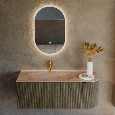 MONDIAZ KURVE-DLUX Meuble de salle de bains 115cm arrondi à droite couleur Shadow avec 1 tiroir et 1 porte. Lavabo BIG SMALL à gauche 1 trou de robinet Saba.