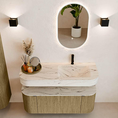 MONDIAZ THOR-DLUX 120cm meuble de salle de bains arrondi gauche + droite couleur Dusk avec 1 tiroir et 2 portes. Vasque suspendue CLOUD droite 1 trou de robinet couleur Nata.