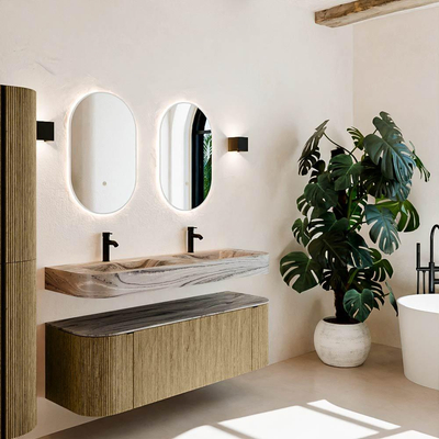 MONDIAZ THOR-DLUX 140cm meuble de salle de bains arrondi gauche + droite couleur Dusk avec 1 tiroir et 2 portes. Vasque suspendue CLOUD Double 2 trous de robinet couleur Sombra.