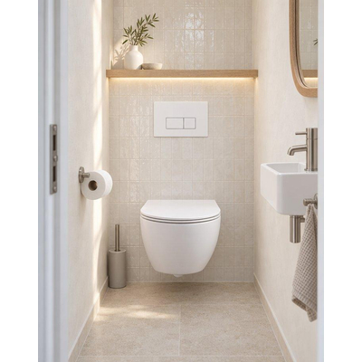 QeramiQ Dely Swirl Compact Toiletset - inbouwreservoir Geberit UP320 - met Burda frame - slim zitting - kunststof bedieningsplaat glans wit - rechthoekige knoppen - mat wit