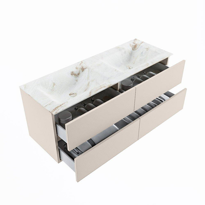 Mondiaz VICA-DLUX ensemble de meuble de salle de bain - 130cm - meuble sous-vasque lin - 4 tiroirs - lavabo encastré nuage double - 2 trous de robinet - version haute de 60cm - frape