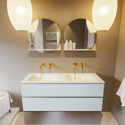 Mondiaz VICA-DLUX ensemble de meuble de salle de bain - 130cm - meuble sous-vasque argile - 2 tiroirs - lavabo encastré nuage double - sans trous de robinet - version haute 60cm - opalo