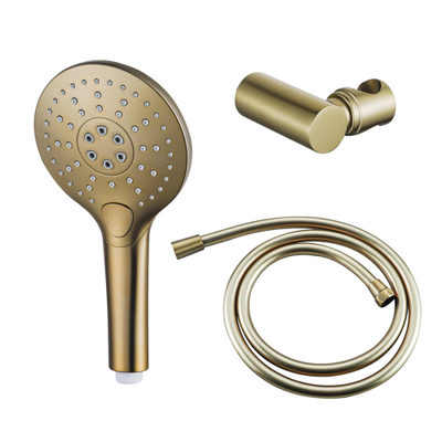 FugaFlow Eccelente Acces Handdoucheset - Ø12 - rond - 3 straalsoorten - met houder - met gladde slang - 150cm - Geborsteld Messing PVD (Goud)