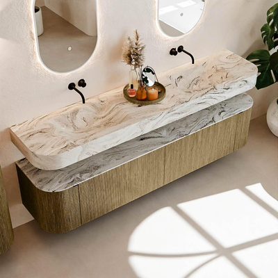 MONDIAZ THOR-DLUX Meuble de salle de bains - 200cm - arrondi gauche + droite - couleur Dusk - 2 tiroirs - 2 portes - Vasque suspendue CLOUD Double sans trou de robinet - couleur Glace