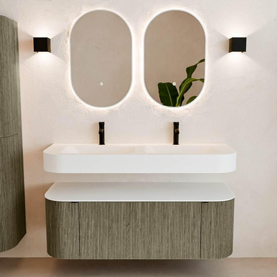 MONDIAZ THOR 130cm meuble de salle de bains arrondi gauche + droite couleur Shadow avec 1 tiroir et 2 portes. Vasque suspendue CLOUD Double 2 trous de robinet couleur Talc.