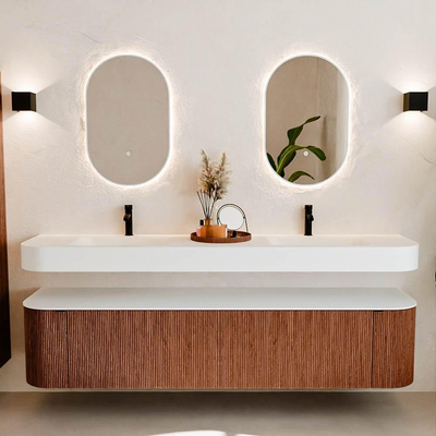 MONDIAZ THOR 200cm meuble de salle de bains arrondi gauche + droite couleur Ruby avec 2 tiroirs et 2 portes. Vasque suspendue CLOUD Double 2 trous de robinet couleur Talc.