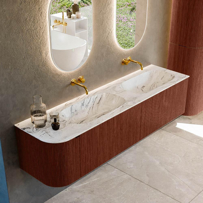 Mondiaz KURVE-DLUX Ensemble de meuble de salle de bains - 175x46x40cm - 2 tiroir - 1 porte - vasque solid surface - double / droite - sans trou de robinet - Ruby