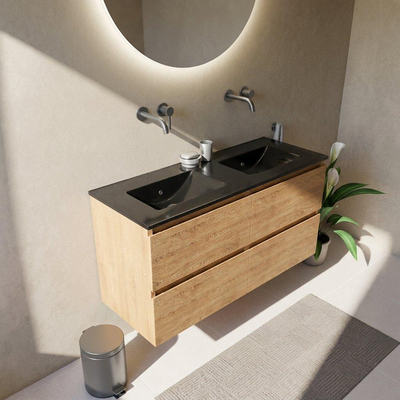 Saniclass Holz Pure Ensemble de meubles de salle de bains - 120x45x62cm - Vasque Vygo en céramique noire - 2 vasques - sans trous de robinetterie - 4 tiroirs - chêne natural mat (bois)