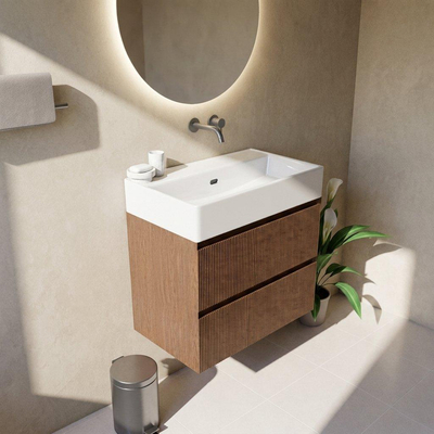 Saniclass Holz Atelier Ensemble meuble de salle de bains - 80x45x72cm - Legend lavabo en céramique blanc - 1 vasque - sans trou de robinetterie - 2 tiroirs - walnut pure mat (bois)