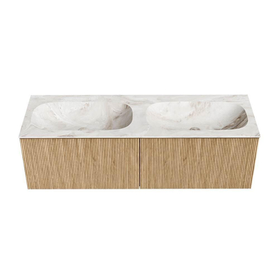 MONDIAZ KURVE-DLUX Meuble de salle de bains 140 cm couleur Oak avec 2 tiroirs. Lavabo STOR SMALL double sans trou de robinet couleur Frappe.