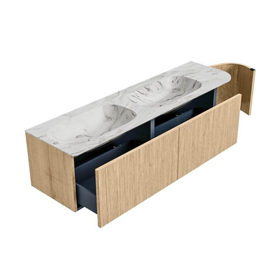 MONDIAZ KURVE-DLUX Meuble de salle de bains 165cm avec module 25 R couleur Chêne avec 2 tiroirs et 1 porte. Lavabo STOR SMALL double / gauche sans trou de robinet couleur Glace.