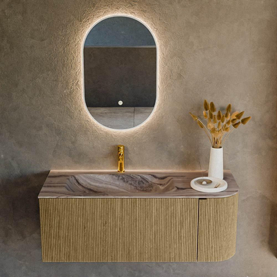 MONDIAZ KURVE-DLUX Meuble de salle de bains 115cm arrondi à droite couleur Dusk avec 1 tiroir et 1 porte. Lavabo BIG SMALL gauche 1 trou de robinet Sombra.