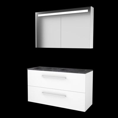 Basic-Line Premium 46 ensemble de meubles de salle de bain 120x46cm avec poignées 2 tiroirs pierre dure lavabo 0 trous de robinetterie armoire de toilette éclairage led intégré mdf laqué blanc glacier