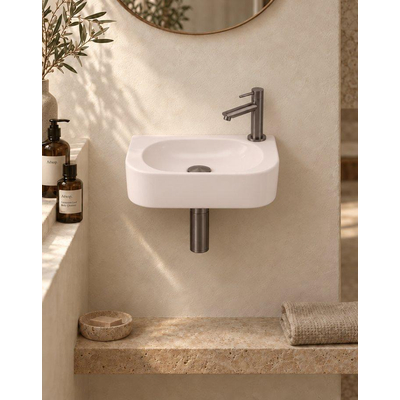 QeramiQ Fuente pack lave-mains – demi-rond – 40 x 22 x 12 cm – céramique lin – perçage à droite – robinet gunmetal