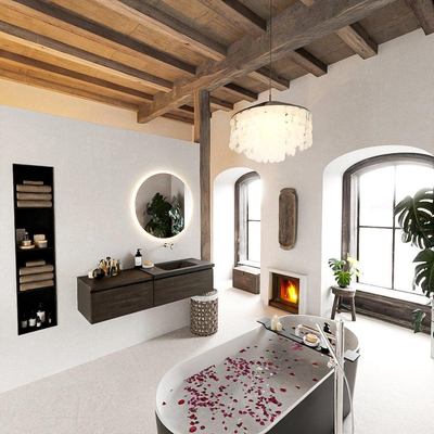 MONDIAZ BUKLA Meuble de salle de bains 140cm avec module 60 couleur Dark Brown avec 2 tiroirs. Lavabo CLOUD droit 0 trous de robinet couleur Urban.